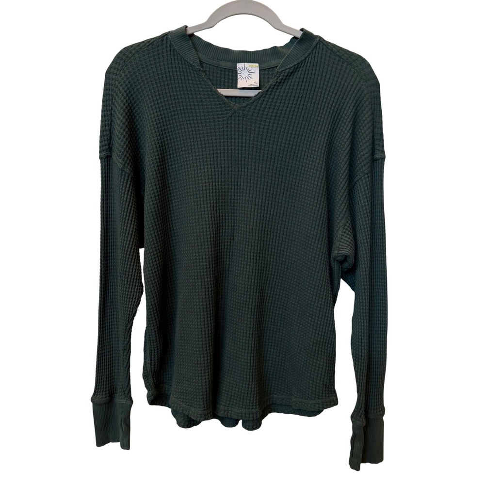 Aerie Forest Green Waffle Knit Thumbhole Top Earthy Granola Cozy Small